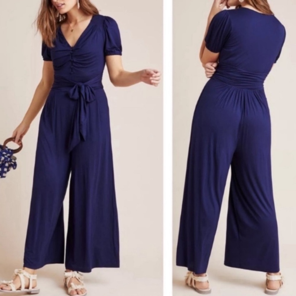 Anthropologie Jumpsuit Romper Wide Leg Stretch Flowy Palazzo Pant Tie Waist Ruch